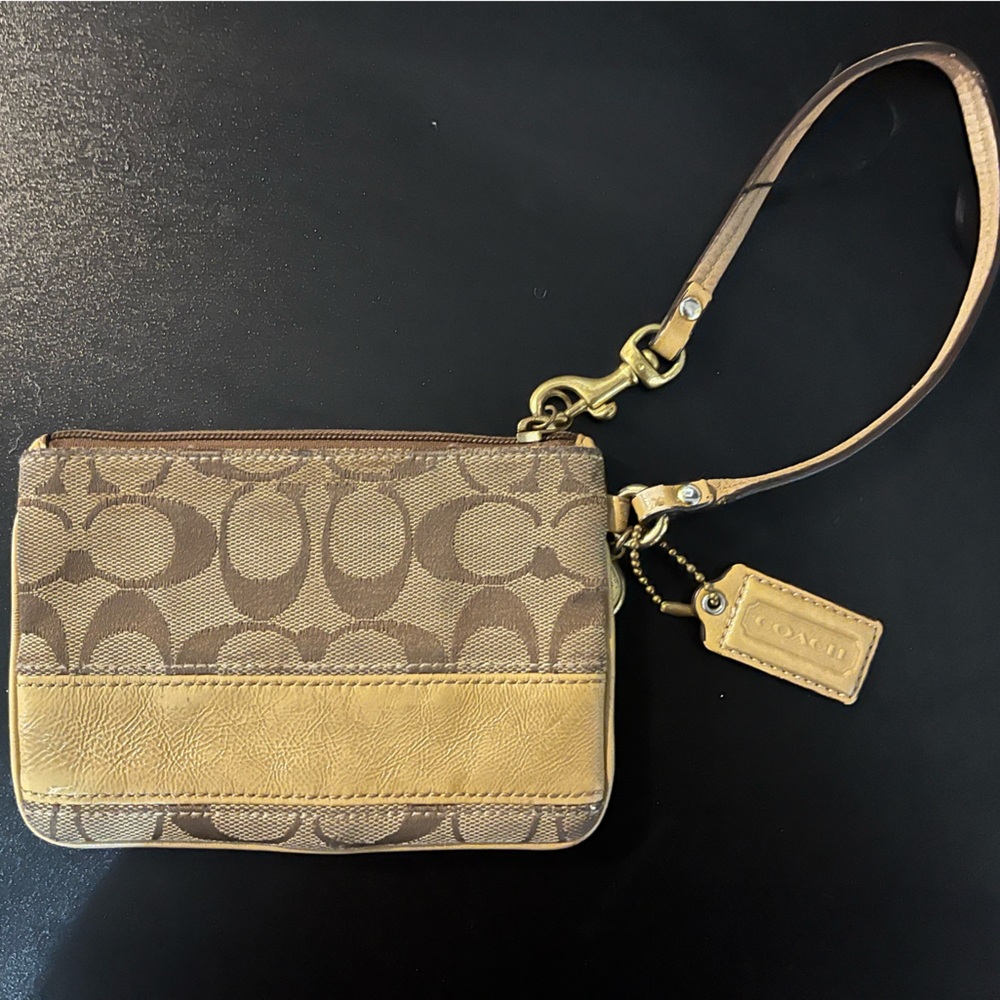 Coach Tan and Gold Signature Wristlet